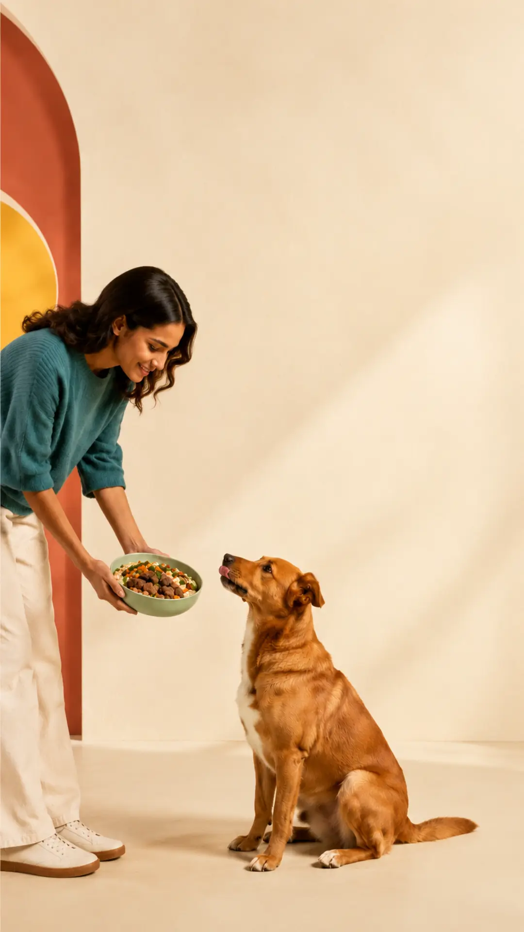 Una mujer sirve un plato de Pet Private Chef a un perro que espera sentado