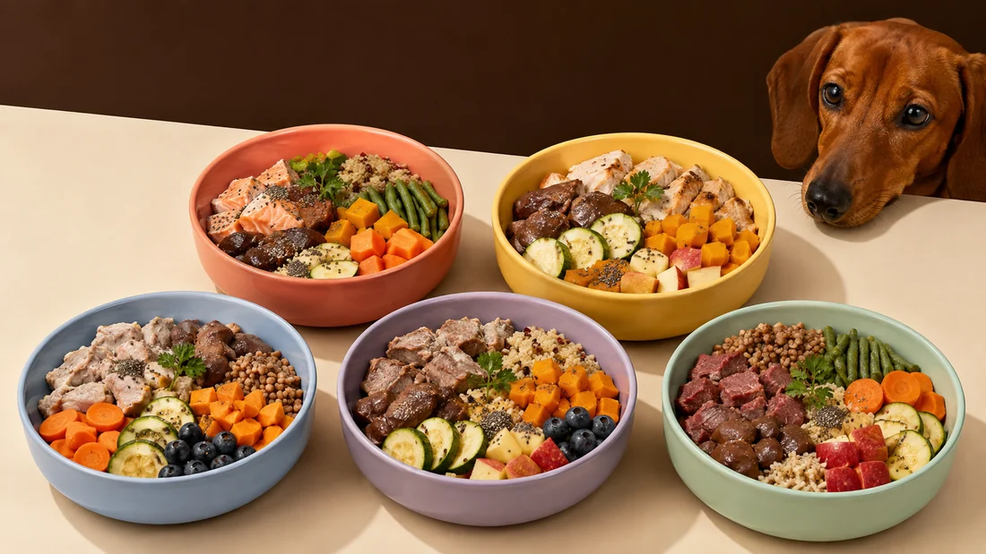Los cinco bowls de Pet Private Chef sobre una mesa, con un perro salchicha asomándose
