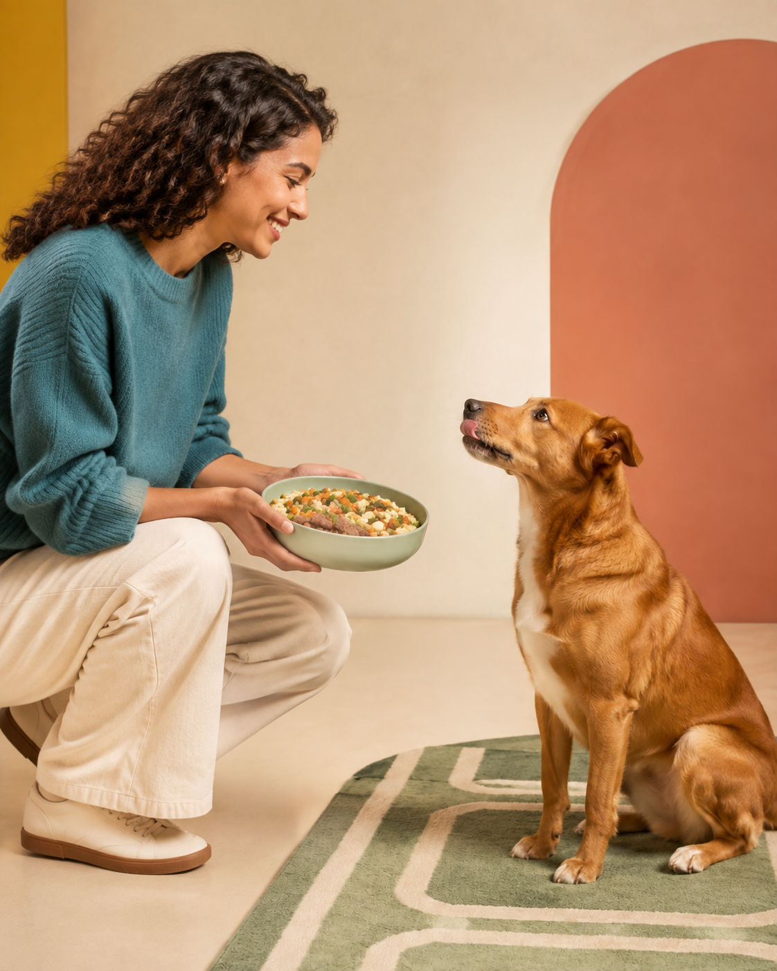 Una persona agachándose para servir un plato de Pet Private Chef a un perro atento