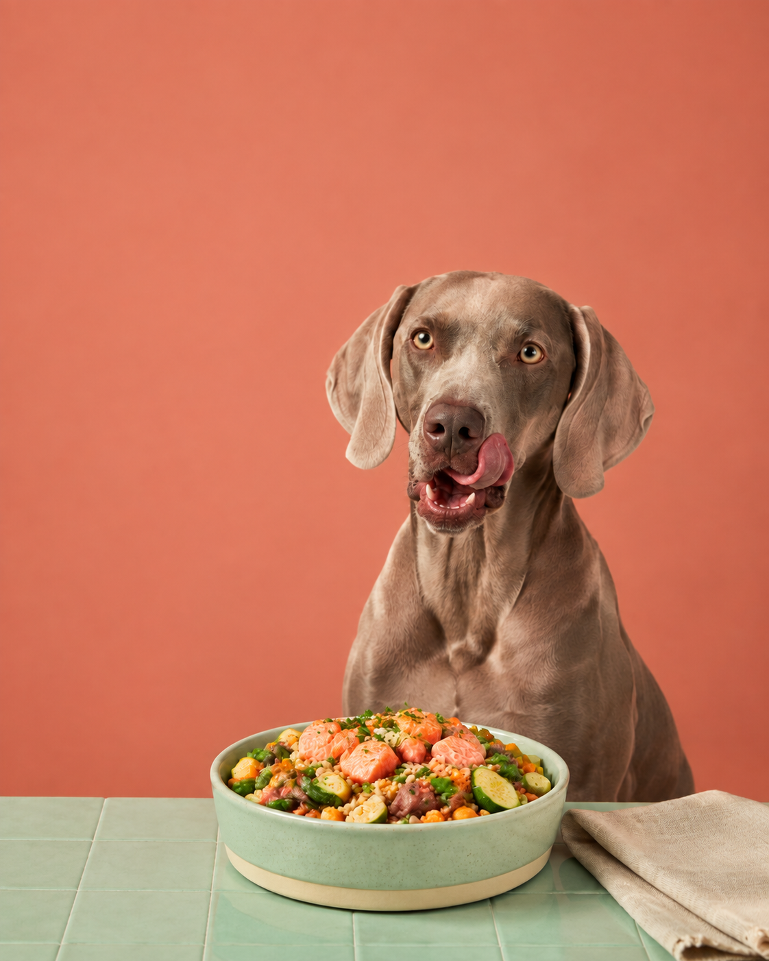 Weimaraner relamiéndose frente a un bowl recién servido en la mesa