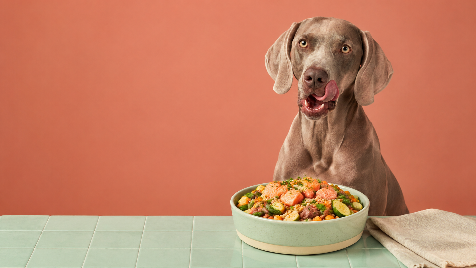 Weimaraner relamiéndose en la mesa frente a un bowl de Pet Private Chef